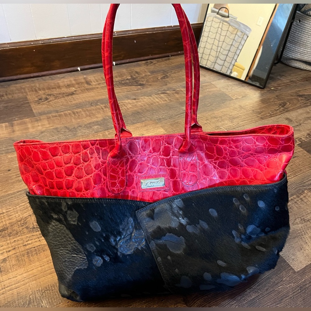 Terrida Genuine Leather Luxury Red Crocodile w/ Black Fur Travel Tote Bag